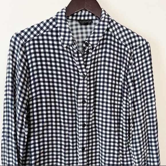 Topshop Plaid Print Button Down Top Long Sleeves Size 8 Blue/white Lightweight - Picture 3 of 6